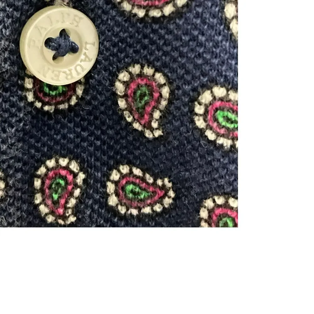 RALPH LAUREN Girls Dress Navy Blue Pink Paisley Ruffle Pony Logo Puff Sleeve 6